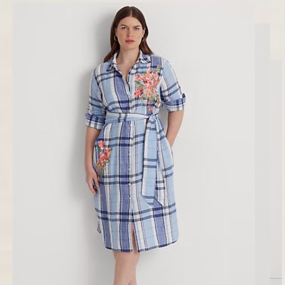 Ralph Lauren Plaid Long Sleeve Shirt Dress with Floral Applique Woman’s Plus 18